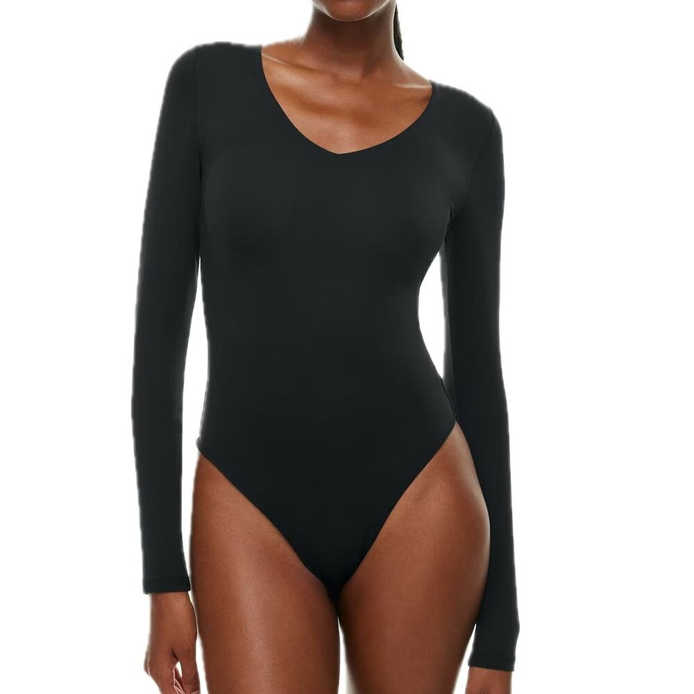 Women's Aritzia Babaton Basic Black V Neck Long Sleeve Contour Bodysuit